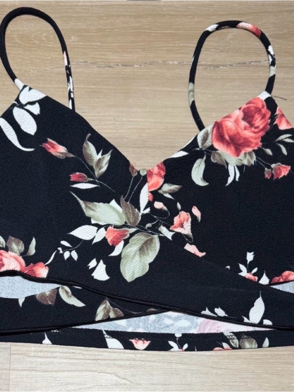Charlotte Russe Black Floral V-Neck Spaghetti Strap Crop Top